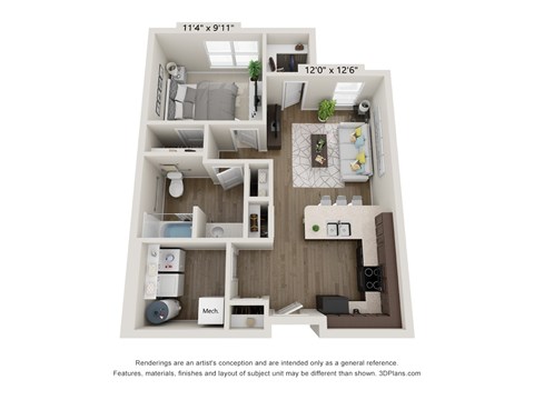 Floor plan for 1 bed, 1 bath